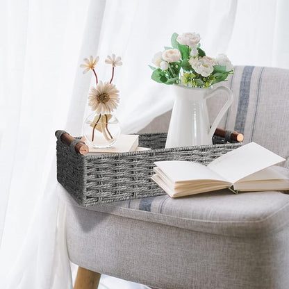 Round Paper Rope Storage Basket Wicker Baskets for Organizing with Handle Decorative Storage Bins for Countertop Toilet Paper Basket for Toilet Tank Top Small Baskets Set,Grey