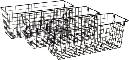 Farmlyn Creek Metal Wire Narrow Baskets - Rust-Resistant Pantry Organizer Storage - Sturdy Handles for Cabinet Organizer - Slim Profile for Narrow Storage - 3-Pack, 16 x 6 x 6 in, Black