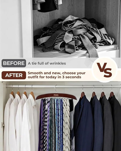 Tie Rack Hanger for Closet: Ohuhu 2 Packs 24 Folding Hooks Tie Hangers for Men Wooden Tie Holder Organizer Space Saving Necktie Storage 360 Degree Rotating Ties Belts Scarves Tank Tops-Walnut
