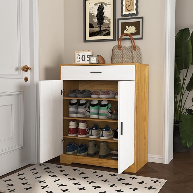 Shoe Cabinet with Drawer, Modern Shoe Storage Cabinet with Doors, 4 Tiers Narrow Shoe Organizer for Entryway, Foyer, Hallway, Natural & White