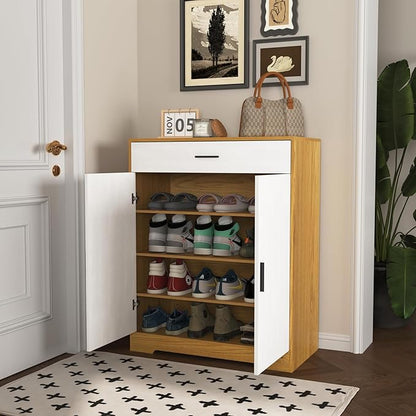 Shoe Cabinet with Drawer, Modern Shoe Storage Cabinet with Doors, 4 Tiers Narrow Shoe Organizer for Entryway, Foyer, Hallway, Natural & White