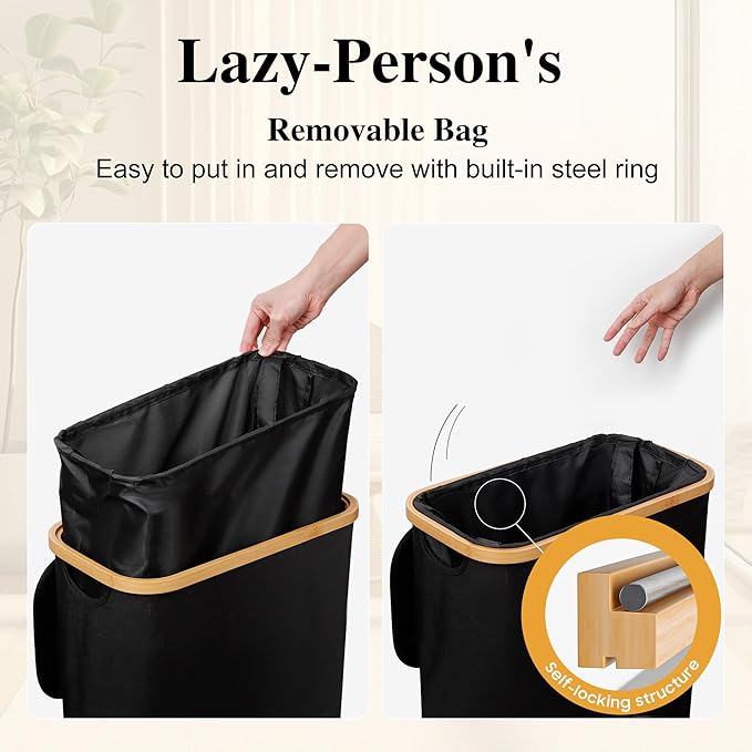 Foluck Slim Laundry Hamper, 60L Waterproof Narrow Laundry Basket with Lid and Removable Bag, Collapsible Tall Clothes Hamper with Bamboo Handles for Clothes Toys in Dorm Bedroom Bathroom, Black