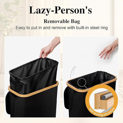 Foluck Slim Laundry Hamper, 60L Waterproof Narrow Laundry Basket with Lid and Removable Bag, Collapsible Tall Clothes Hamper with Bamboo Handles for Clothes Toys in Dorm Bedroom Bathroom, Black