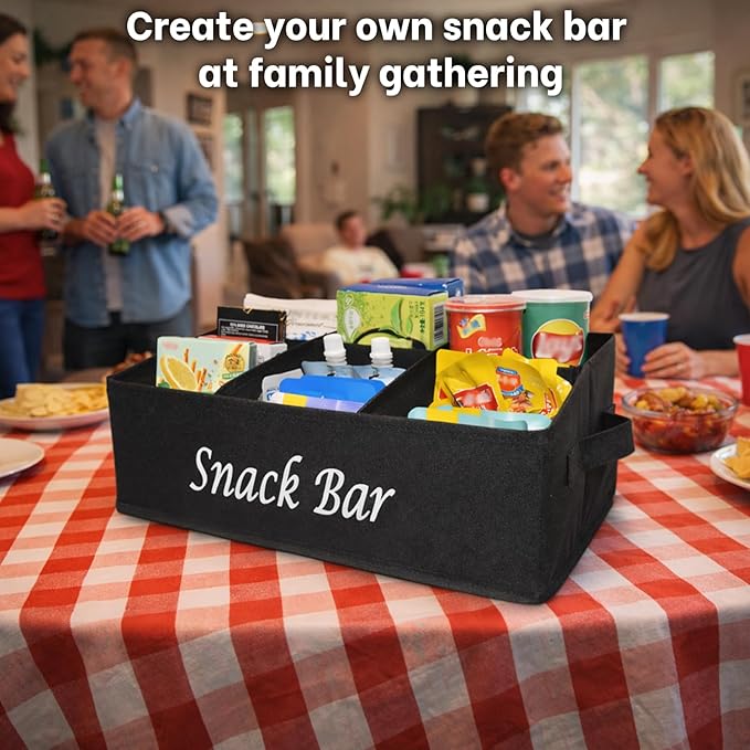 Snack Bar Organizer for Countertop,Black Fabric Snack Basket with Handles,6 Compartment Open Top Snack Bin for Kitchen Counter,Pantry,Snacks & Party Treats