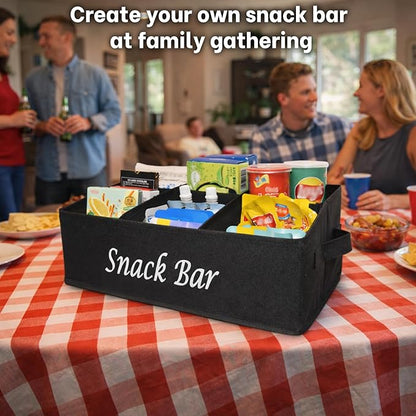 Snack Bar Organizer for Countertop,Black Fabric Snack Basket with Handles,6 Compartment Open Top Snack Bin for Kitchen Counter,Pantry,Snacks & Party Treats