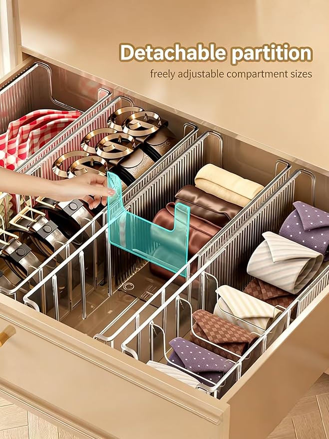 Belt Organizer-2 Pack，Lingerie Organizer for Drawer，Clear Extendable Stackable Storage Bin，for Wardrobe Drawers, Stores Belts Ties Underwear Face Masks