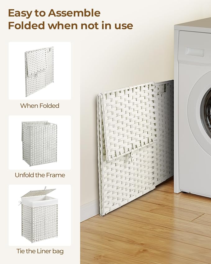 Greenstell Laundry Hamper with Lid, 90L Clothes Hamper with 2 Removable Liner Bags & 2 Mesh Laundry Bags, Handwoven Synthetic Rattan Laundry Basket for Clothes, Toys in Bathroom, Bedroom White