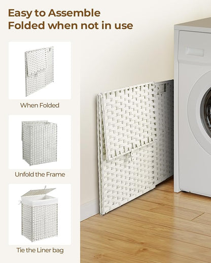 Greenstell Laundry Hamper with Lid, 90L Clothes Hamper with 2 Removable Liner Bags & 2 Mesh Laundry Bags, Handwoven Synthetic Rattan Laundry Basket for Clothes, Toys in Bathroom, Bedroom White