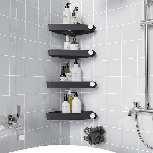 Sotfamily Plastic Shower Caddy Corner (for 90° Only), 4 Pack Adhesive Corner Shower Shelves for Smooth Wall Bathroom Organizers and Storage, Black