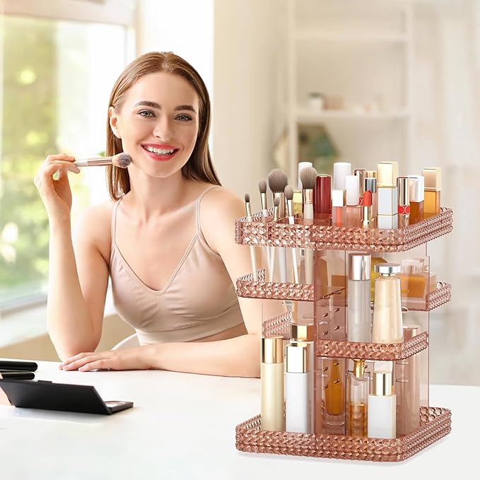 Rotating Makeup Organizer, Large Capacity Cosmetic Display Case, Acrylic Skincare Organizer with Makeup Brush, Makeup Storage Organizer for Dresser Countertop and Bathroom Vanity - Pink