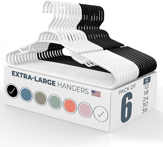 Large & Wide Heavy Duty Clothes Hangers 6 Pack – Made in USA – Ideal for Plus Size Clothing – 10lb Plastic Hangers with Notches for Oversized Adult Coats & Pants – White & Black