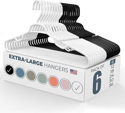 Large & Wide Heavy Duty Clothes Hangers 6 Pack – Made in USA – Ideal for Plus Size Clothing – 10lb Plastic Hangers with Notches for Oversized Adult Coats & Pants – White & Black