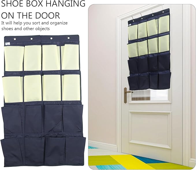 YARNOW Door Hanging Shoe Organizer Bag with 16 Pockets, Blue and Yellow Oxford Cloth, Space Saving Hanging Shoe Holder for Closet Storage, Suitable for Men Women