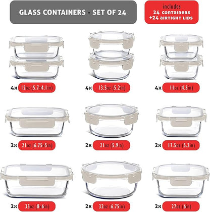EATEX 48pc Glass Storage Containers with Lids, 24 Glass Food Storage Containers with 24 Airtight Lids for Pantry & Kitchen, Meal Prep Containers for Lunch, Oven Freezer Microwave & Dishwasher Safe