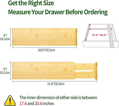 VaeFae 6 Pack Bamboo Drawer Dividers, 4" High Adjustable 16.6" - 21.8" Clothes Drawer Organizers, Expandable Separators for Bedroom/Bathroom/Kitchen/Office Storage