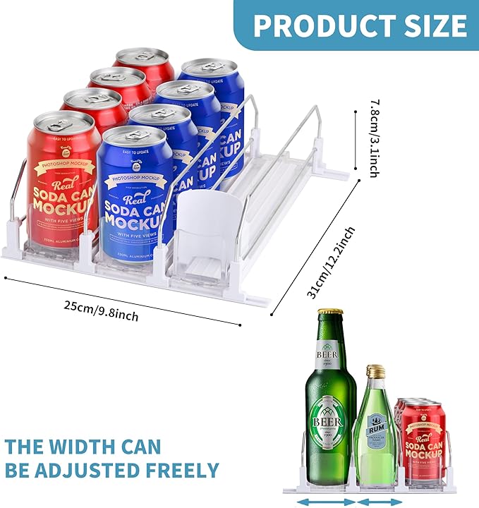 Drink Organizer for Fridge, Upgrade self locking push buttonfor Soda Can Dispenser for Refrigerator, Automatic Pusher Glide and Adjustable Width Can Fridge Organizer Hold up to 12 Cans 3 Rows