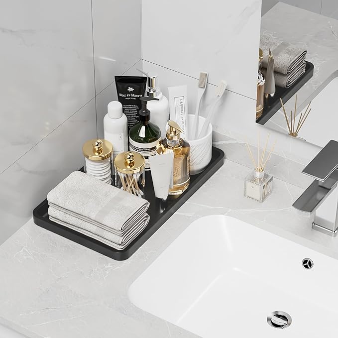 Weenson Black Bathroom Vanity Tray for Countertop Decor Perfume Makeup Toiletries Toilet Tank, Large Bamboo Kitchen Tray for Spice Salt, Serving Tray for Food Coffee, Nightstand Candle 14.2”x8.3”