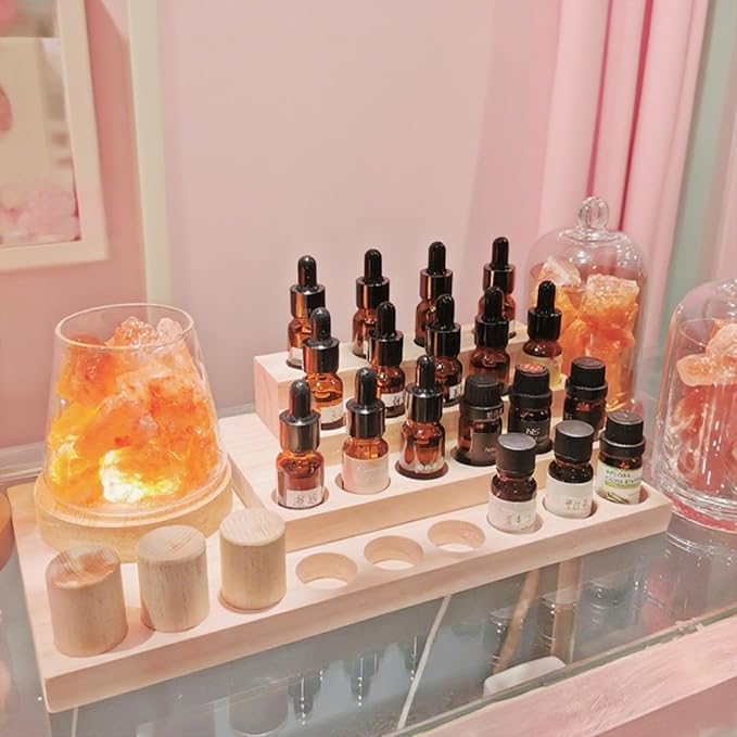 Wooden Essential Oil Rack 4 Tier Essential Oil Holder Shelves for Oil Solid Wood Essential Oil Organizer 25-Bottle Essential Oil Display Stand Tabletop Storage Rack for 5-20ml Bottles