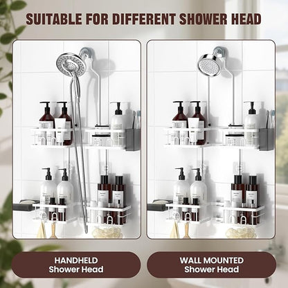 REINHARDT Adjustable Shower Caddy Hanging Rustproof Shower Caddy for Handheld Showerheads, Shower Organizer with Hooks Soap Holder Toothbrush Holder, Anti-Swing Shower Rack Bathroom Accessories, White