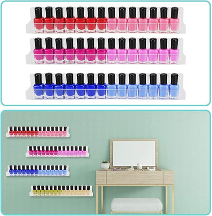 Umirokin Acrylic Nail Polish Rack Wall Mounted - 6 Pack Clear Nail Polish Organizer Shelf for 60-90 Bottles, Hanging Floating Essential Oil Storage & Paint Rack, 15 Inch Wall Holder for Salon & Home