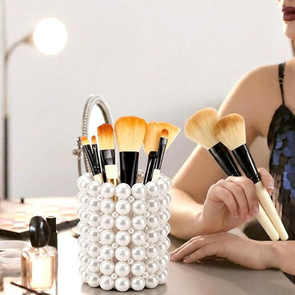 Domensi Pearl Makeup Brush Holder Clear Pencil Pen Holder Makeup Brush Storage Container Cup for Table, Dresser, Bathroom, Bedroom Organization