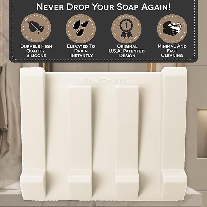 Silicone Soap Dish (USA Patented) Self Draining Bar Soap Holder for Shower Bathroom Sink, Drying Soap Dish Tray Sponge Holder Easy Cleaning Soap Saver Travel Accessories (Beige, 1)
