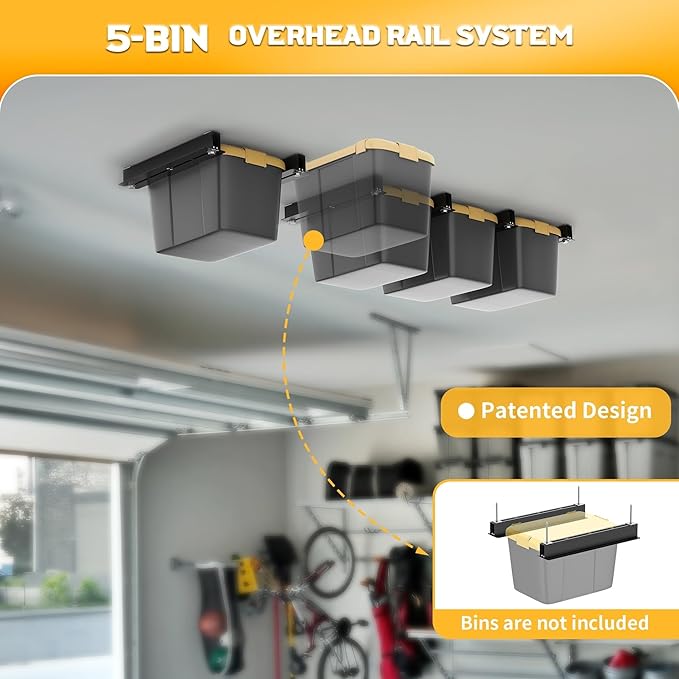 WALMANN Ceiling Tote Storage Rails, Heavy Duty Garage Ceiling Bin Storage Rack Adjustable Tote Slide Rail(6 Pack for 5 Bins, Bins Are Not Included)