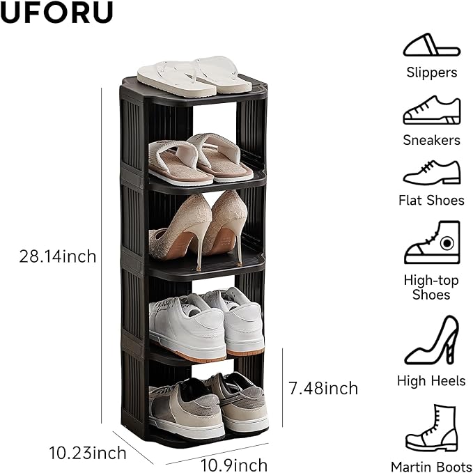 UFORU Small Shoe Rack, 5 Tier Plastic Vertical Shoe Rack for Small and Narrow Spaces, Free Standing Shoe Organizer for Closet, Entryway (Black)