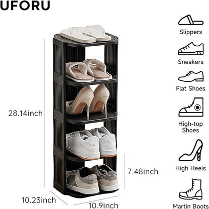 UFORU Small Shoe Rack, 5 Tier Plastic Vertical Shoe Rack for Small and Narrow Spaces, Free Standing Shoe Organizer for Closet, Entryway (Black)