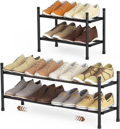 Uneviesyka Expandable Shoe Rack, 2 Tier Shoe Rack for Closet, Stackable Adjustable Standing Metal Shoe Shelf Organizer Storage, Small Shoe Racks for Front Door Entrance、Entryway(Black)