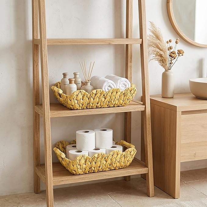 2Pack Scalloped Edge Wicker Basket,Hand-Woven Rattan Baskets with Wooden Handles,Natural Water Hyacinth Basket for Laundry,Shelves,Gift Basket