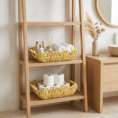 2Pack Scalloped Edge Wicker Basket,Hand-Woven Rattan Baskets with Wooden Handles,Natural Water Hyacinth Basket for Laundry,Shelves,Gift Basket