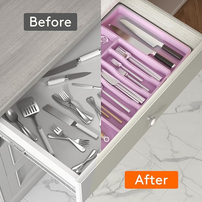 Lifewit Silverware Drawer Organizer, Expandable Utensil Tray for Kitchen, BPA Free Flatware and Cutlery Holder, Adjustable Plastic Storage for Spoons Forks Knives, 13-22 x 15", Purple