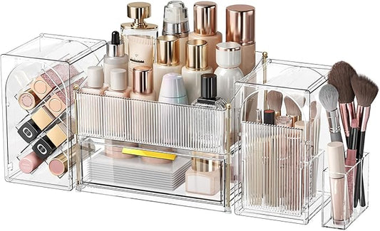 INVSSENE Stackable Makeup Organizer Countertop, Storage Perfume Skincare Cosmetic Lipstick Face Mask Makeup Brush Palettes, Ideal for Vanity Bathroom Counter