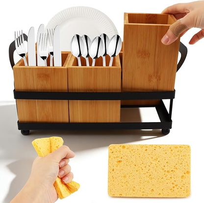 Silverware Holder for Party with 1 Absorbent Sponge, Silverware Caddy with Three Compartments, Utensil Holder for Party, Utensil Caddy for Spoons Forks Napkins Plates (COLOR:Brown)