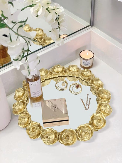Vixdonos Decorative Round Mirror Tray Bathroom Vanity Tray with Gold Resin Rose for Perfume,Jewelry and Makeup