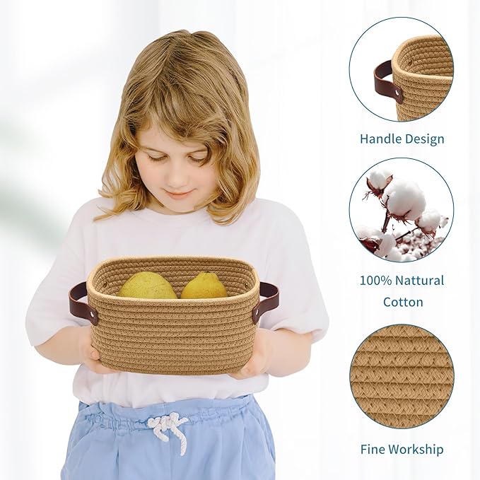 ABenkle Small Storage Basket, Mini Baskets with Handle, Cute Cotton Woven Baskets for Shelves, Boho Decorative Toy Storage Bin for Nursery, Spa, Empty Gift Basket - XS, Brown