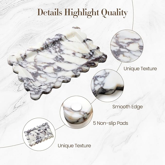 SAMAH Calacatta Viola Natural Marble Tray, Scalloped Bathroom Tray, Decorative Tray for Vanity, Dresser, Kitchen & Home Decor, Teacher Appreciation Gifts, House Warming Gifts New Home(Rectangle)