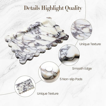 SAMAH Calacatta Viola Natural Marble Tray, Scalloped Bathroom Tray, Decorative Tray for Vanity, Dresser, Kitchen & Home Decor, Teacher Appreciation Gifts, House Warming Gifts New Home(Rectangle)