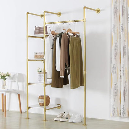 Garment Rack Heavy Duty Clothes Rack for Hanging Clothes, Metal Freestanding Closet Wardrobe Shelf, Gold Industrial Pipe Clothing Racks with Shelves Closet Rods System