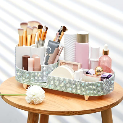Teen Girls Mother's Day 360 Rotating Bling Makeup Organizer Gift Rhinestone Diamond Bathroom Organizer Girly Skin Care Brush Holder for Countertop, Bathroom Essentials(Silver,Rhinestone)