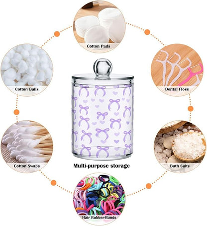 2 Pack Apothecary Jars Purple Bow Love Qtip Holder Organizer Clear Airtight Container for Cotton Swabs Food Storage 14oz Plastic Jars with Lids