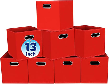 Fabric Cubby Storage Bins,13x13x13 Inches,Cube Organizer Bin Foldable Storage Boxes with Dual Handles Fabric Organizer Box and collapsible Storage basket,Set of 8,Red