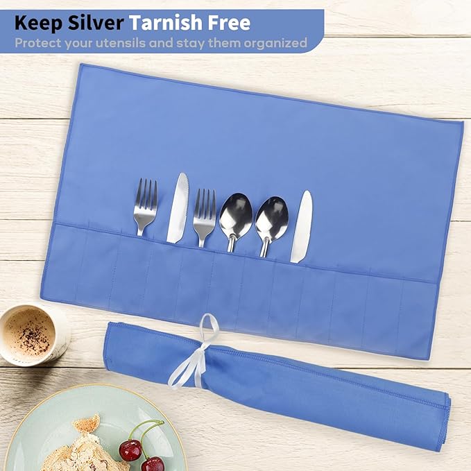 10 Pcs Silverware Organizer,Silver Storage Cloth Felt Flatware Organizer, Silver Protector Bags, Place Setting Roll with Stylish White Ribbon for All Kitchen Cutlery Utensil