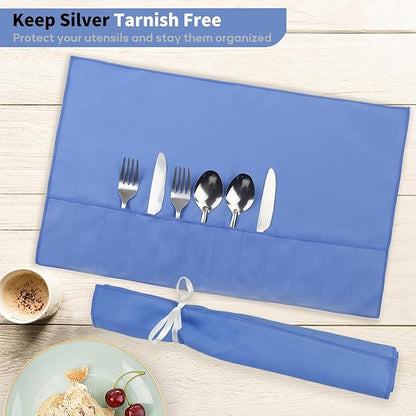 10 Pcs Silverware Organizer,Silver Storage Cloth Felt Flatware Organizer, Silver Protector Bags, Place Setting Roll with Stylish White Ribbon for All Kitchen Cutlery Utensil