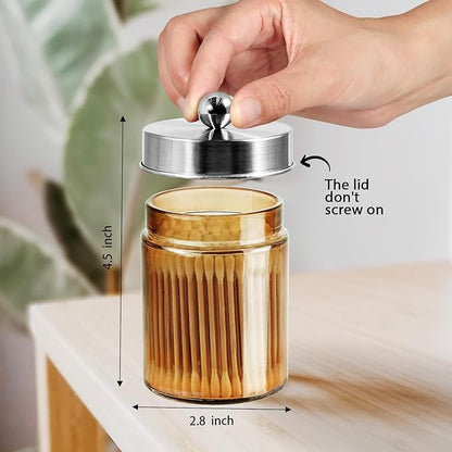 Amolliar Bronze Glass Apothecary Jar, Qtip Holder Metal Lid & Stickers, Bathroom Qtip Dispenser Storage, Canister for Cotton Balls, Cotton Swabs, Makeup Pads, Bath Salt, Floss, 4 Pack (Brushed Nickel)