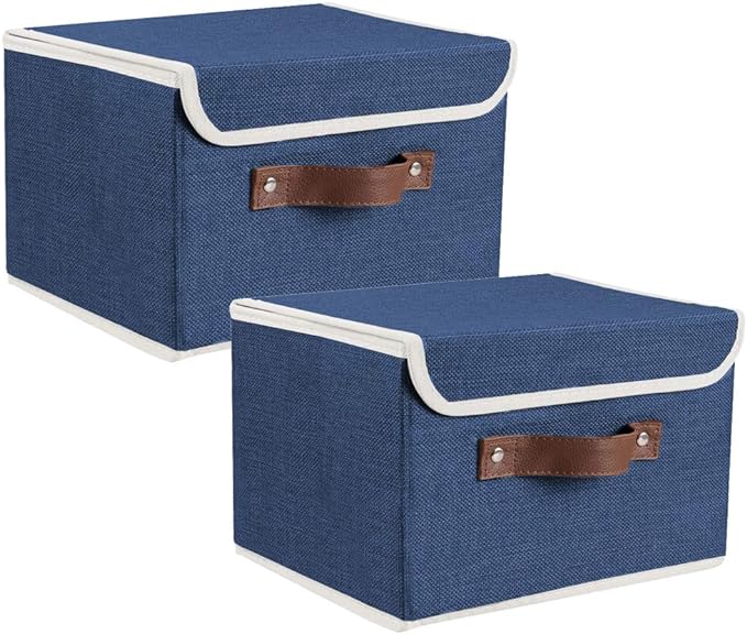 Lucky Monet Storage Bins Boxes with Lids 2 Pack Decorative Storage Boxes Collapsible Fabric Storage Basket Containers Lidded Storage Cube for Organizing Closet Home Office, 10"x 8"x 7" (Blue)