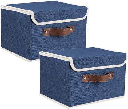Lucky Monet Storage Bins Boxes with Lids 2 Pack Decorative Storage Boxes Collapsible Fabric Storage Basket Containers Lidded Storage Cube for Organizing Closet Home Office, 10"x 8"x 7" (Blue)