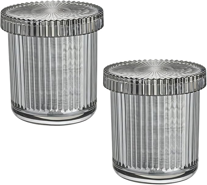 2 Pack Ribbed Glass Qtip Holder with Lid, Apothecary Storage Jars, Bathroom Vanity Countertop Organizer for Cotton Swabs, Cotton Balls, Pads, Floss Picks, Hair Ties, Makeup Accessories (Gray)