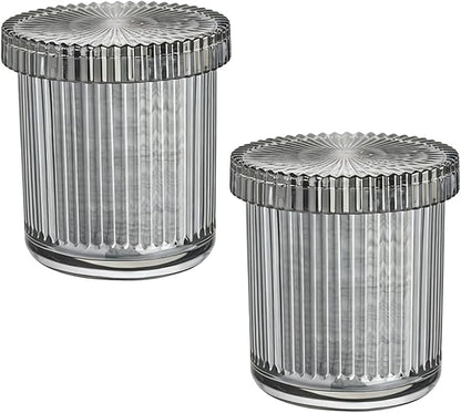 2 Pack Ribbed Glass Qtip Holder with Lid, Apothecary Storage Jars, Bathroom Vanity Countertop Organizer for Cotton Swabs, Cotton Balls, Pads, Floss Picks, Hair Ties, Makeup Accessories (Gray)